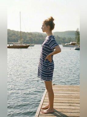 Woman Within Navy Blue White Striped Lace Up Tunic Dress Size 1X Nautical 80s